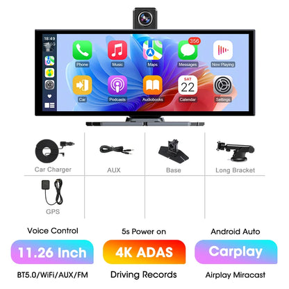 11.26” 4K ADAS Dash Cam Display – Wireless Android Auto & CarPlay Screen DVR with Dual Recording, Night Vision & FM Car System