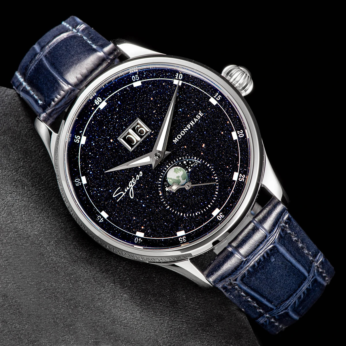 Sugess Moonphase Men’s Automatic Mechanical Watch — 40MM Stainless Steel with Seagull ST2528 Movement and Blue Sandstone Dial