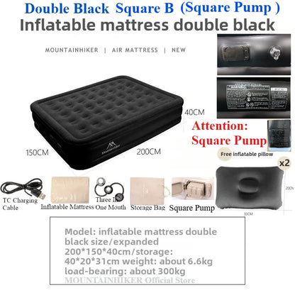 MOUNTAINHIKER 2025 Inflatable Air Mattress – PVC Camping Bed Mat for 1-3 Persons, Built-in Pump Glamping Sleeping Mat