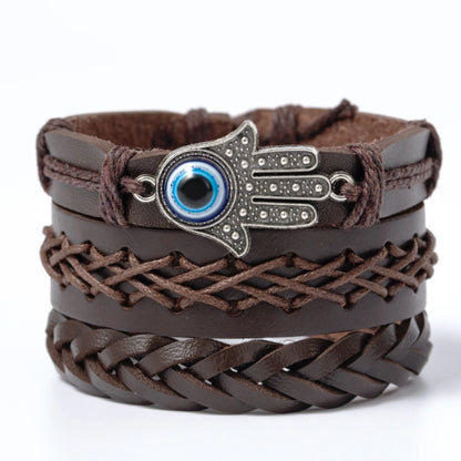 4Pcs Men's Braided Leather Bracelets Set – Vintage Life Tree & Rudder Charms, Wood Beads, Ethnic Tribal Wristbands