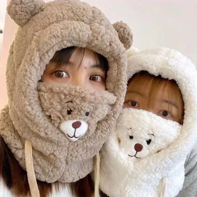 Cartoon Bear Ear Lamb Beanie Hat with Mask - Warm Balaclava Winter Skullies for Women & Girls