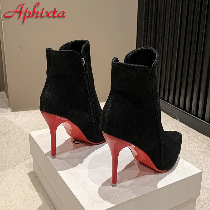 Women’s 10cm Stiletto Ankle Boots - Warm Winter Zip Heels in Black & Red Sizes 47-50