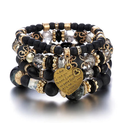 Bohemian Acrylic Beaded Bracelet Set – Solid Heart Charm Elastic Bangles for Women & Men, Retro Daily Wear Jewelry Gift