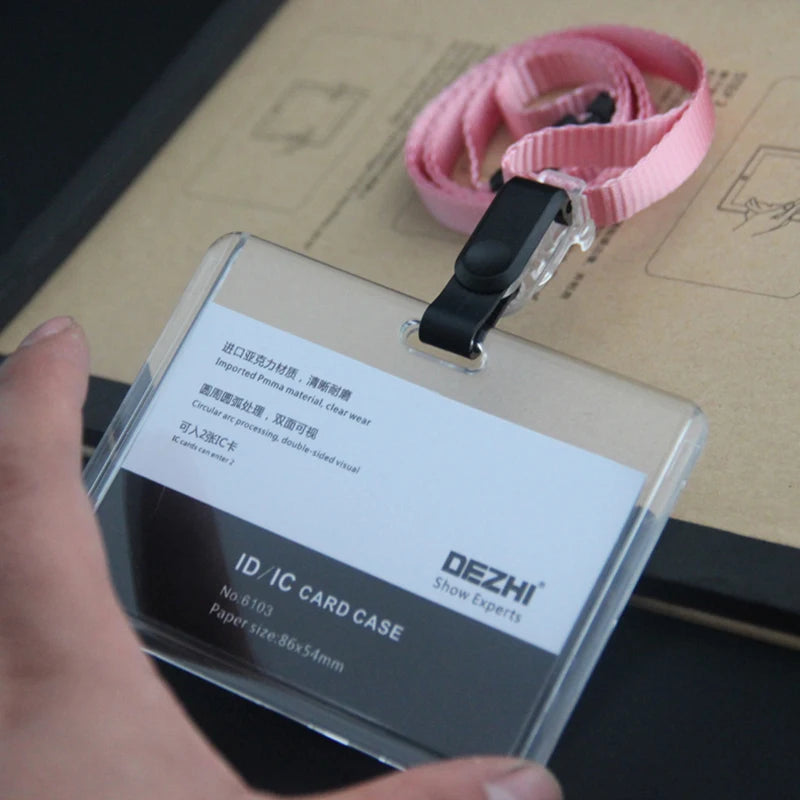 Transparent Acrylic ID Card Holder Keychain - Plastic Business Badge Holder with Lanyard and Clip Organizer for Office Supplies