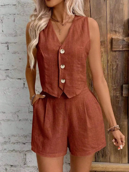 2026 Women’s Summer 2-Piece Set – Solid Cotton Linen V-Neck Sleeveless Vest Top & Shorts Casual Sexy Outfit