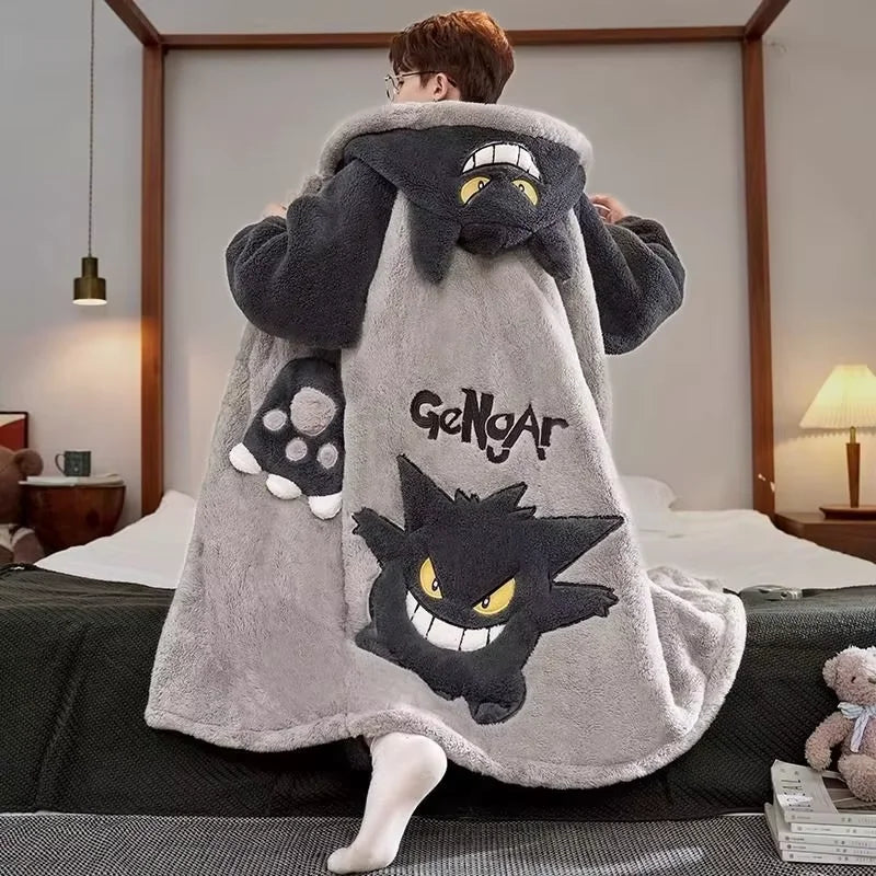 Gengar Pokemon Pajamas Set — Men’s Large Winter Coral Fleece Hooded Nightgown, Thick Warm Anime Home Suit