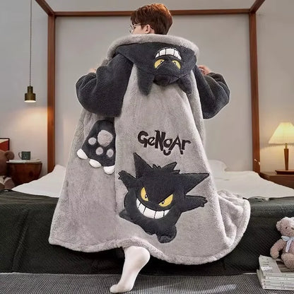 Gengar Pokemon Pajamas Set — Men’s Large Winter Coral Fleece Hooded Nightgown, Thick Warm Anime Home Suit
