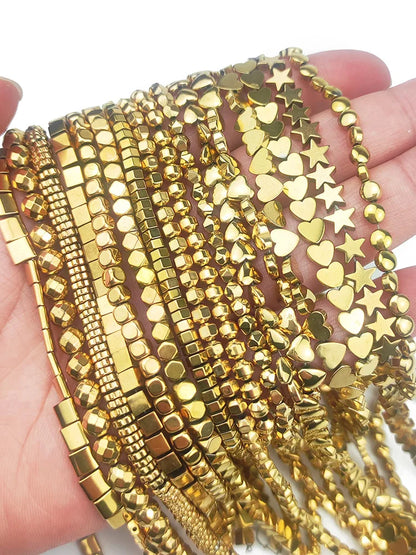 3A+ Retention Color Hematite Beads – Star & Heart Shapes, Gold-Plated Natural Stones for DIY Jewelry & Bracelets