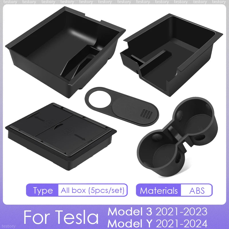 Tesla Model Y/3 Center Console Storage Box – Hidden Organizer Tray & Webcam Cover (2021–2024 Accessories)
