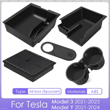 Tesla Model Y/3 Center Console Storage Box – Hidden Organizer Tray & Webcam Cover (2021–2024 Accessories)