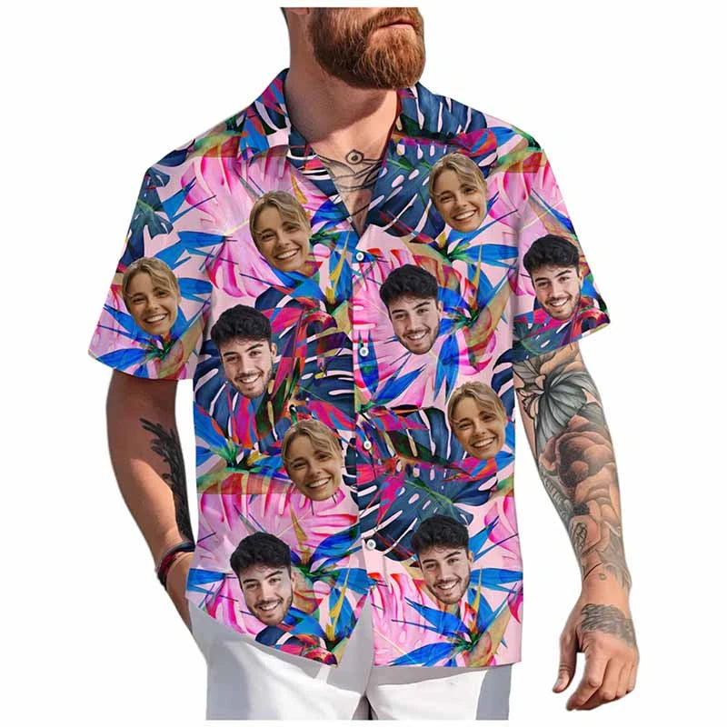 Custom Face Hawaiian Shirt - Personalized 3D Printed Unisex Beach Button-Up Short Sleeve Top