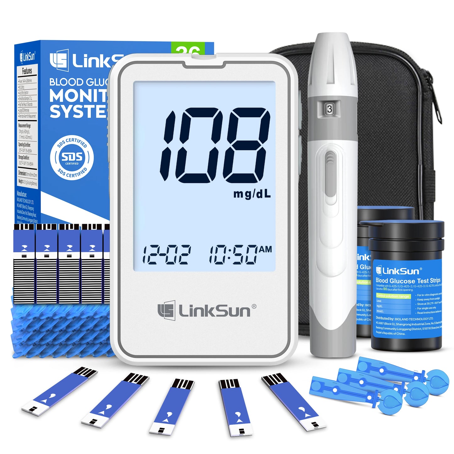Linksun G-425-2 Blood Glucose Meter — 50/100PCS Test Strips, Digital Diabetes Testing Device, Blood Sugar Monitor