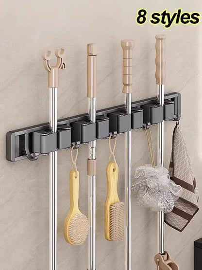 Wall-Mounted Mop & Broom Organizer — Strong Mop Holder Rack with 5 Hooks for Hanging Brooms and Cleaning Tools