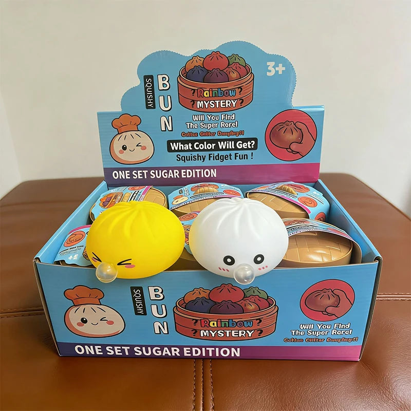 Kawaii Steamed Bun Squishy Set - Soft Bubble-Blowing Stress Relief Squeeze Toy with Steamer Case