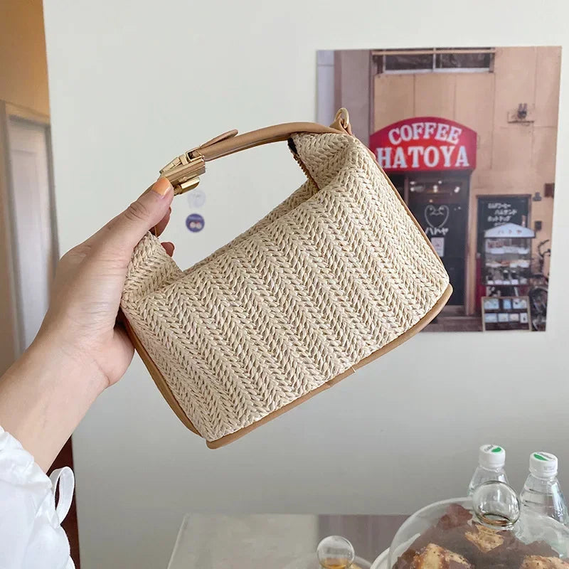 Summer Small Straw Handbag — Trendy Woven Bucket Crossbody Shoulder Bag, Casual Beach Tote for Girls