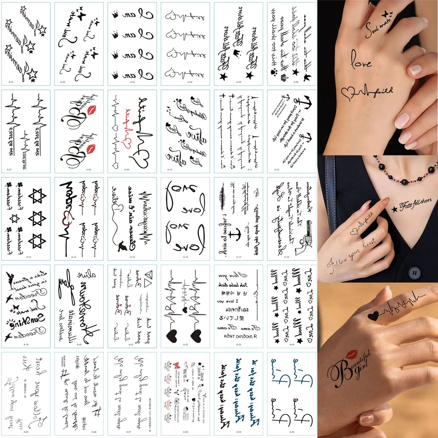 30pcs Black Temporary Tattoo Stickers - Flower Butterfly Rose Moon Star Mandala Designs for Hand, Chest & Body Art