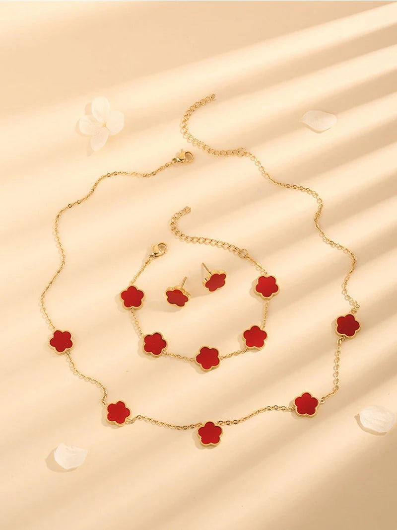 Lucky Five-Petal Flower & Clover Bracelet, Earrings, Necklace Set – Stylish Women's Party Jewelry Accessories