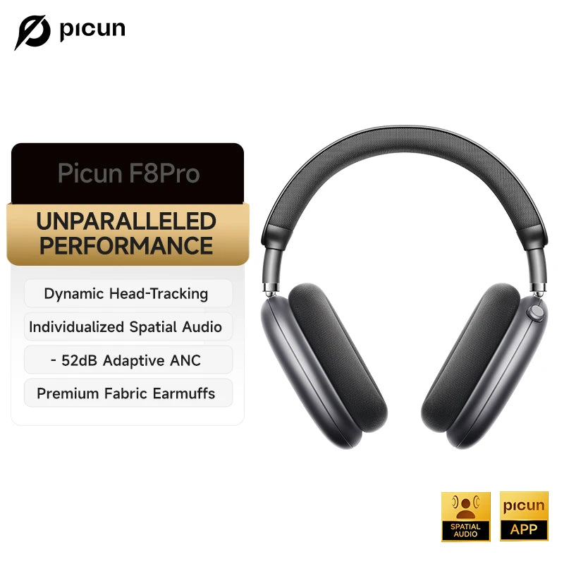 Picun F8 Pro ANC Wireless Headphones - 3D Spatial Audio Bluetooth Headset with HD Mic & Low Latency App Support