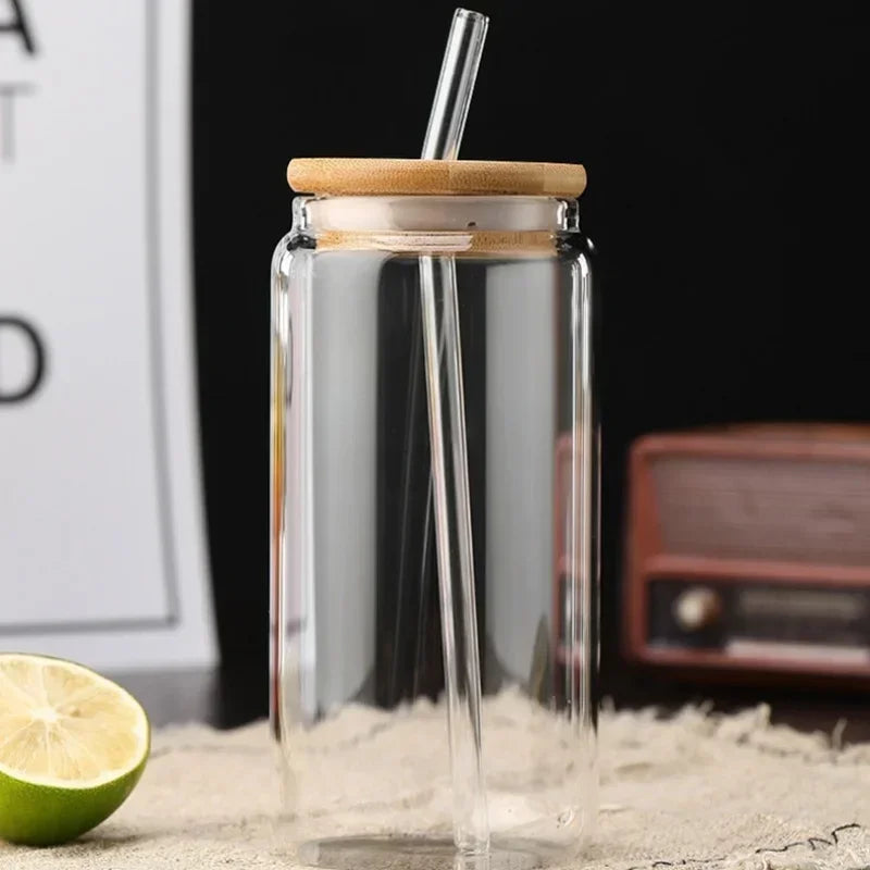 Borosilicate Glass Cup with Wooden Lid - 450ml/550ml Transparent Drink Cup with Straw for Juice & Water
