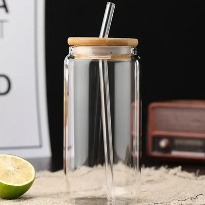 Borosilicate Glass Cup with Wooden Lid - 450ml/550ml Transparent Drink Cup with Straw for Juice & Water