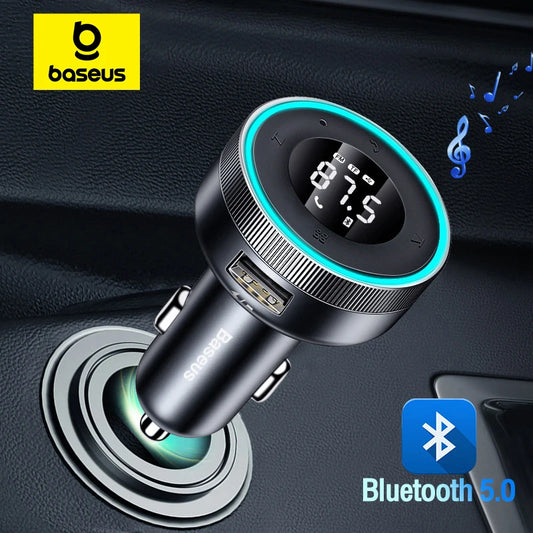 Baseus Bluetooth 5.0 FM Transmitter – Wireless Car Kit with USB Fast Charger, AUX, MP3 Player & Hands-Free Calling