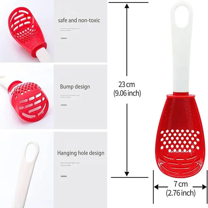 Multifunctional Kitchen Cooking Spoon - Strainer Scoop with Garlic Press, Hanging Hole, Potato & Egg Tool, Kitchen Accessory