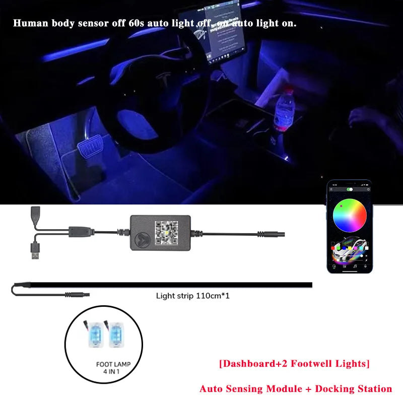 2-in-1 Dynamic Neon RGB Car LED Ambient Lighting – Auto OFF 60s Module for Tesla Model 3 & Y Dashboard Decoration