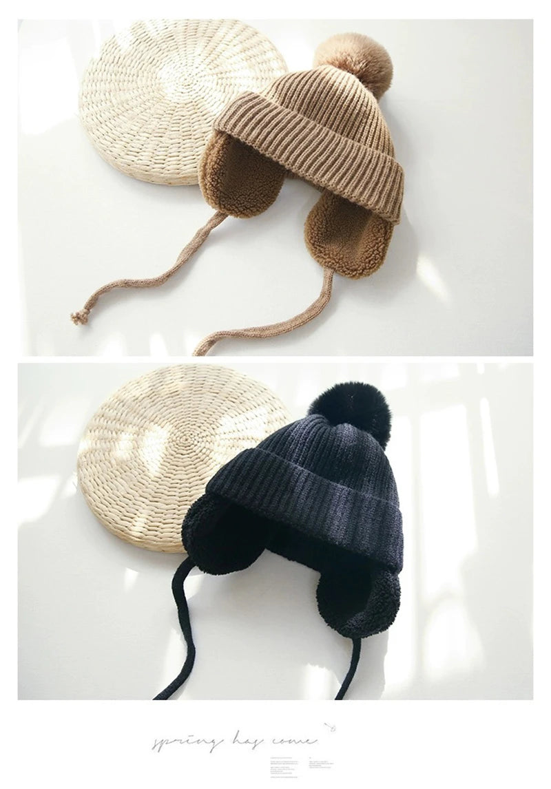 Winter Baby Beanie Hat with Pompom & Earflaps – Thick Wool Plush Knitted Cap for Girls & Boys, Ages 2-8T