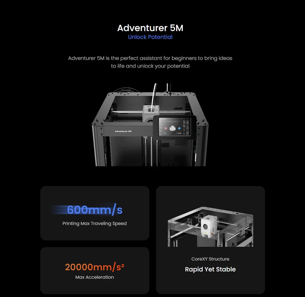 Flashforge Adventurer 5M 3D Printer – High-Speed, Full-Auto Leveling, Direct Extruder, Power Loss Recovery & Flexible PEI Plate