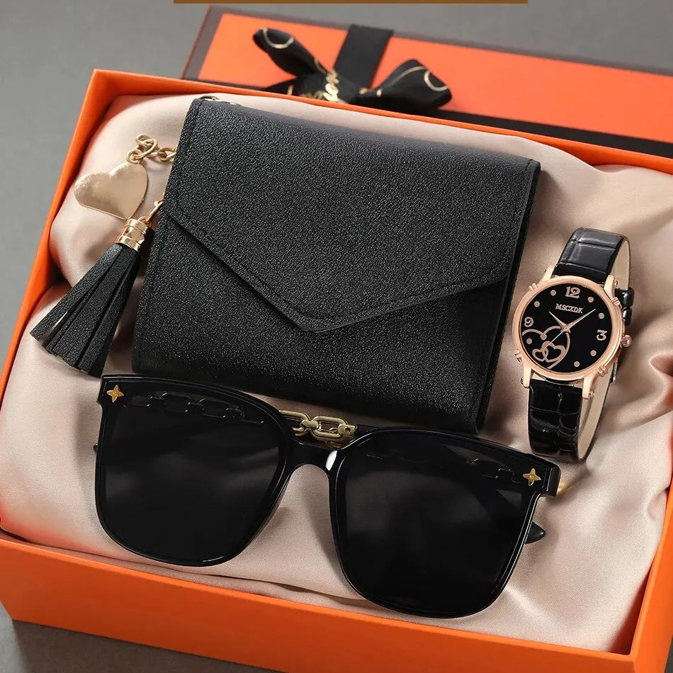 Women’s Fashion Leather Belt Watch Set – Butterfly Wallet, Glasses, and Quartz Wristwatch Dress Clock Montre Femme