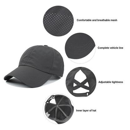 Summer Solid Color Baseball Cap – Quick-Drying Mesh Golf & Sports Hat for Women, Cross Ponytail Design, Men's Peaked Cap