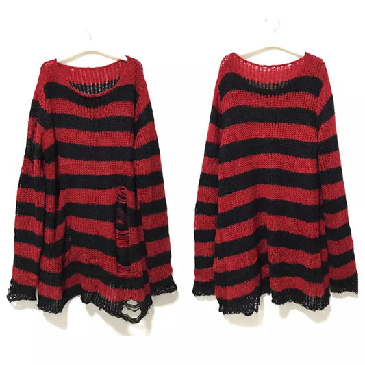 New Punk Gothic Long Unisex Sweater - Summer Striped Hollow Out Jumper, Loose Rock Thin Top for Women, Dark Streetwear