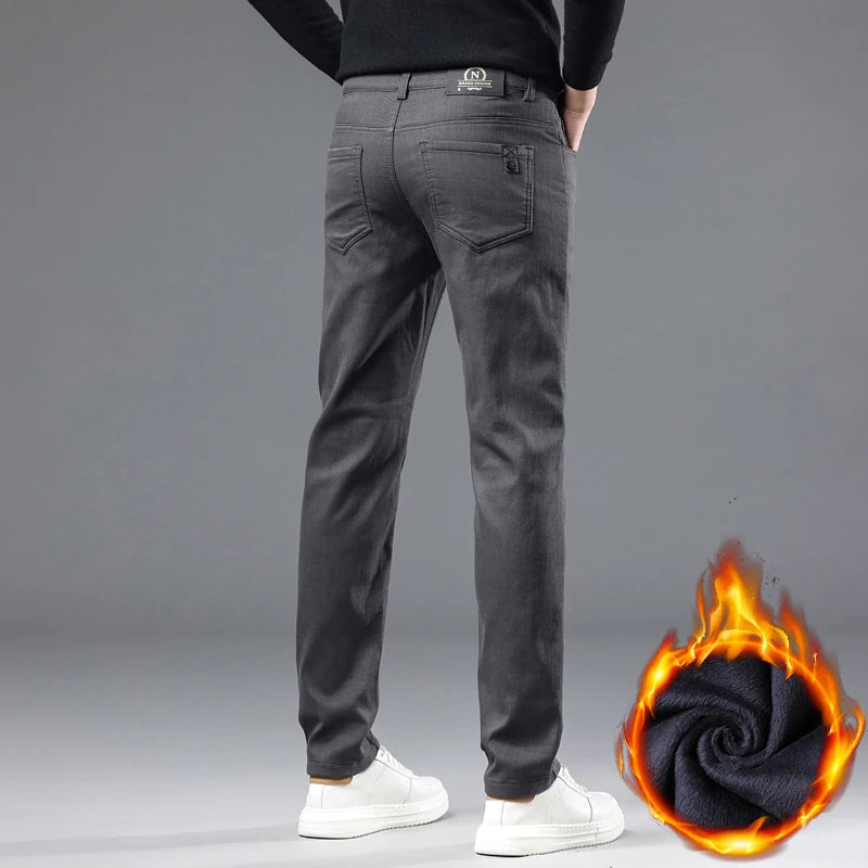Winter 2025 Men’s Fleece Pants – Thick Slim Fit Velvet Trousers, Warm Elastic Business Casual Plush Pants
