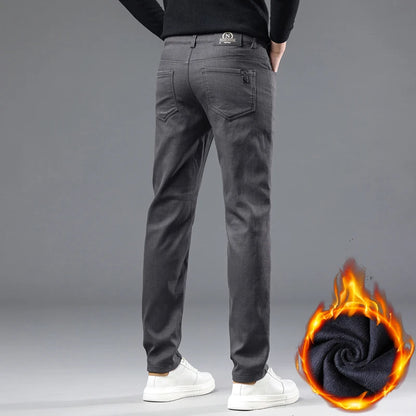 Winter 2025 Men’s Fleece Pants – Thick Slim Fit Velvet Trousers, Warm Elastic Business Casual Plush Pants