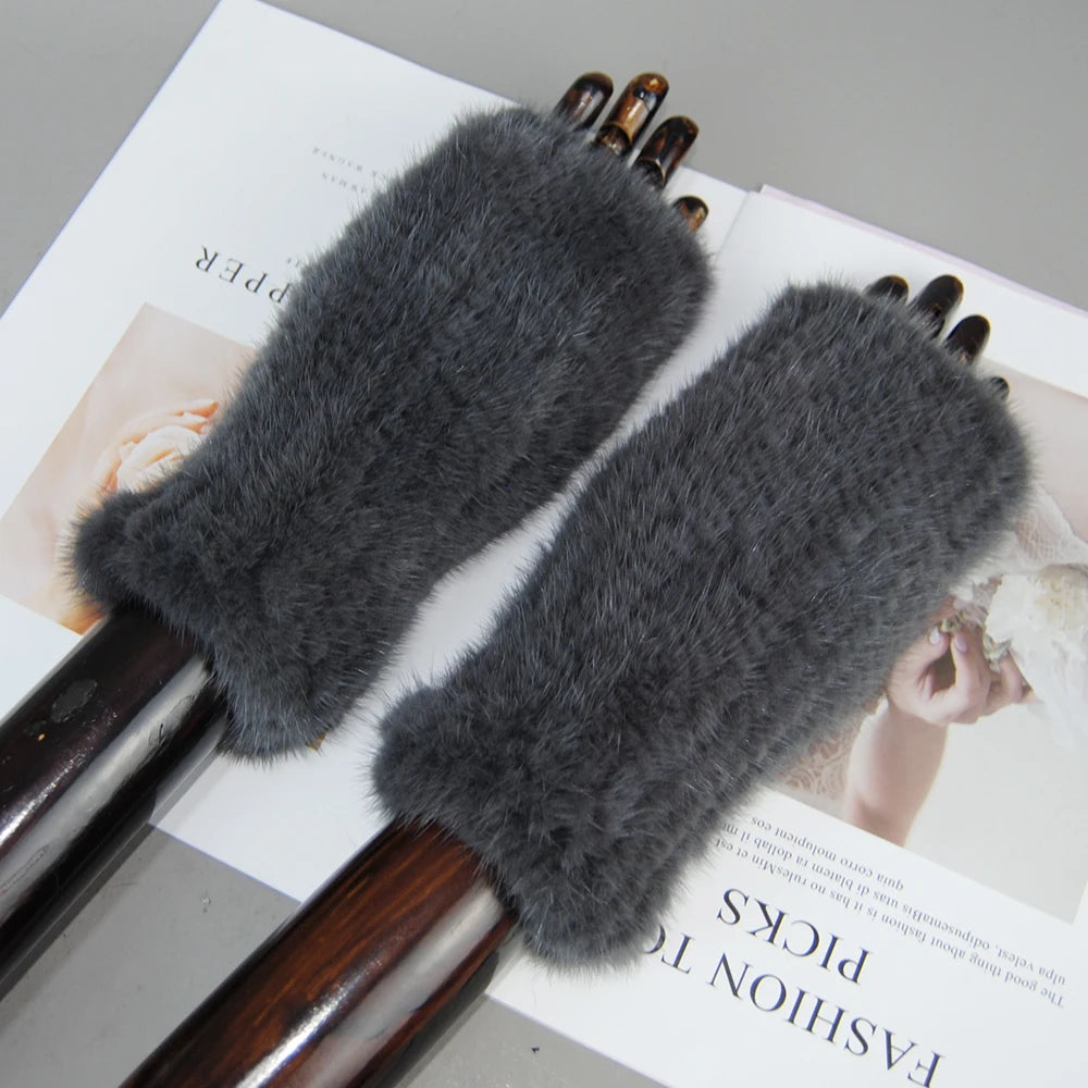 Women’s Winter Mink Fur Gloves – 100% Natural Fingerless Knitted Mittens for Warmth