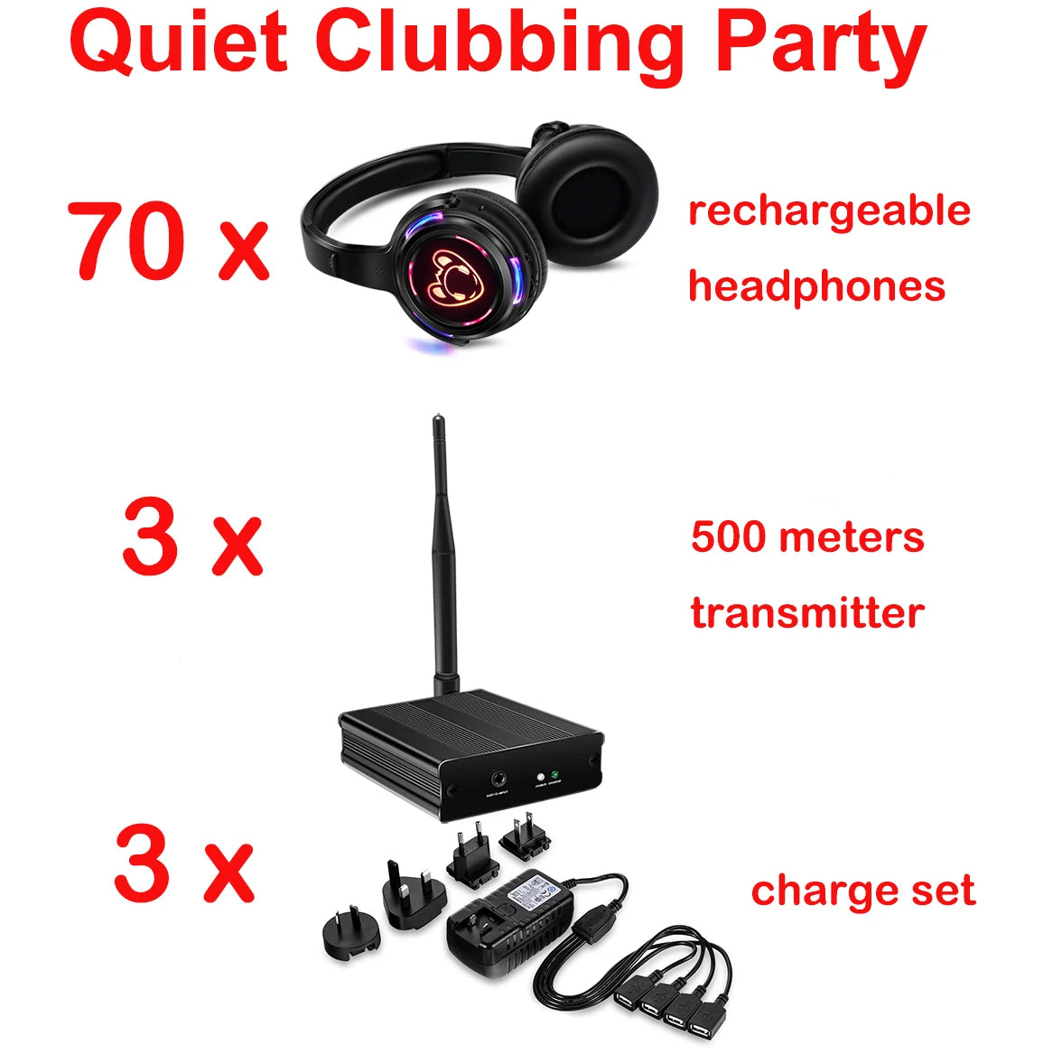 Silent Disco Complete System – Black LED Wireless Headphones Bundle with 5 Headsets & 1/2/3 Transmitters for Quiet Parties