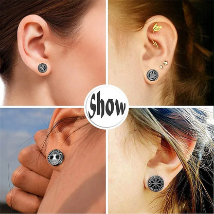 1 Pair 18G Viking Rune Round Stud Earrings — 316L Stainless Steel Cartilage, Tragus & Helix Piercing Jewelry for Men & Women