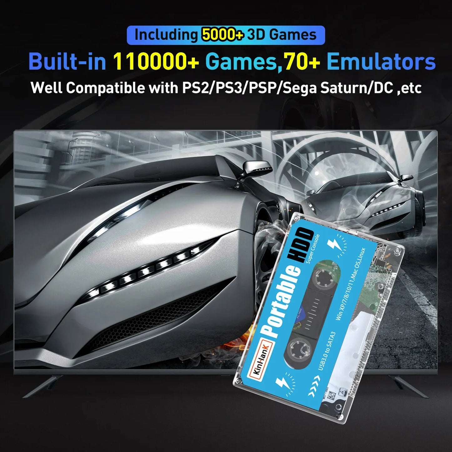 KINHANK Super Console 500GB Gaming HDD – 100,000 Games, 70 Emulators for DC/MAME/SS/NAOMI/PS2/PS1, Plug & Play with Batocera OS