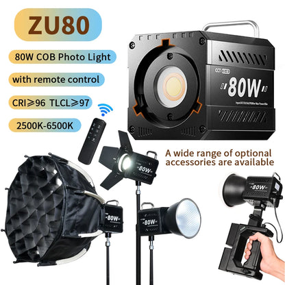 80W Dual Color Temperature COB Photography Light - Professional LED Video Light, Portable Handheld Fill Light with Mini Bowens