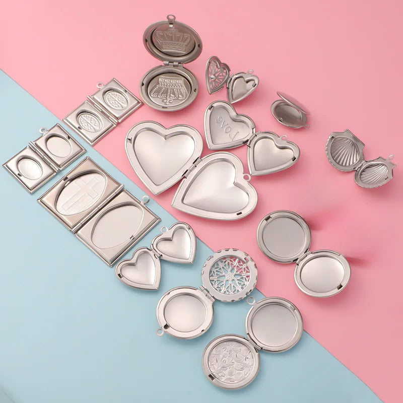 Stainless Steel Photo Locket Charms - 5-Piece Heart, Round & Square Memory Pendant Set