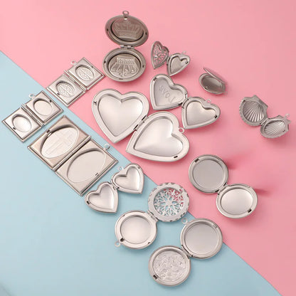 Stainless Steel Photo Locket Charms - 5-Piece Heart, Round & Square Memory Pendant Set