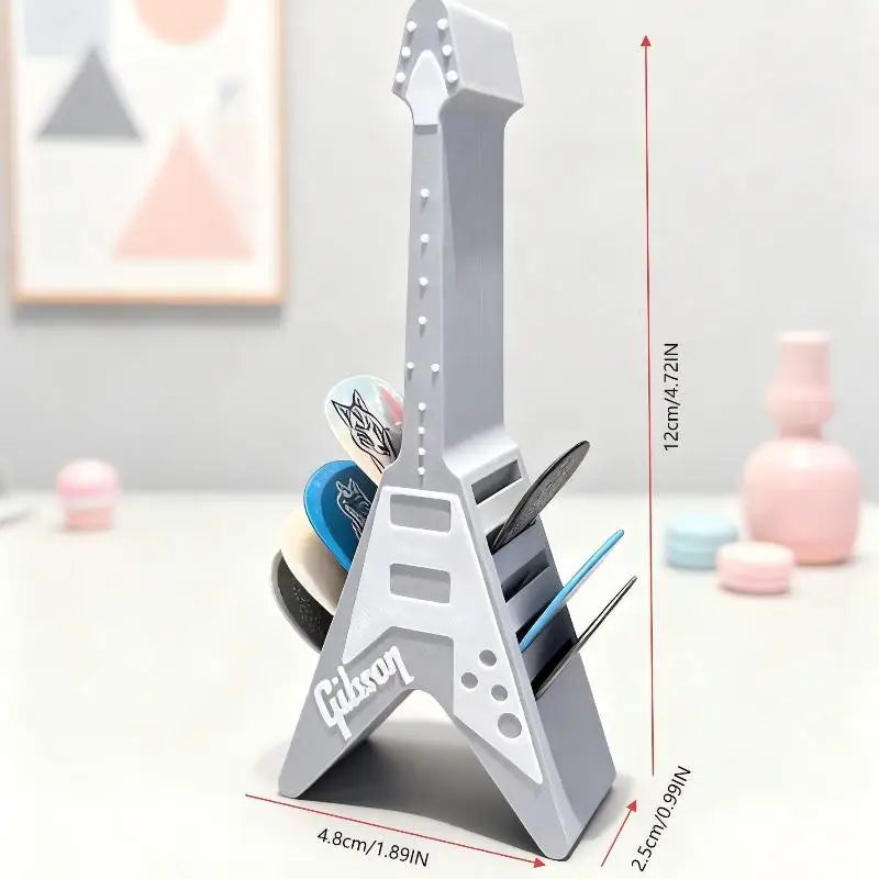 3D Printed Guitar Pick Holder – Guitar-Shaped Plectrum Storage Box with Stand & Accessories Organizer