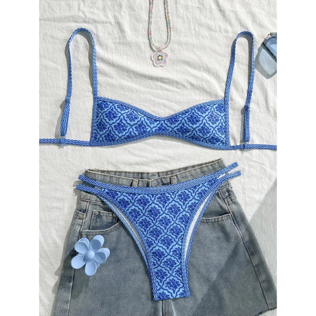 Floral Print High Leg Bikini Set - Women's Two Piece Swimsuit High Cut Beach Swimwear