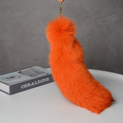 Natural Fox Fur Tail Keychain – 40cm Furry Racoon Bag Charm & Fluffy Keyring Accessory for Women
