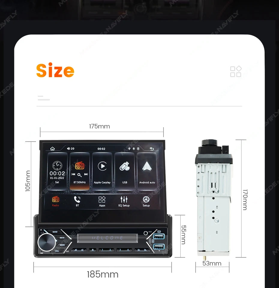 Carplay Android Auto 1 Din MP5 Player - 7 Inch Retractable Touch Screen, FM Radio, Mirror Link, Manual & Automatic Car Player