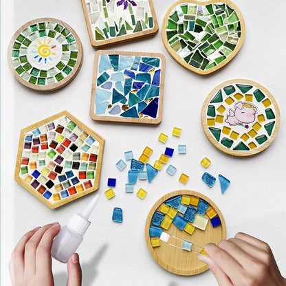 DIY Handmade Mosaic Coaster Set – Bamboo Heart & Square Cup Mats, Creative Parent-Child Educational Craft Toy Kit for Free Design Activities