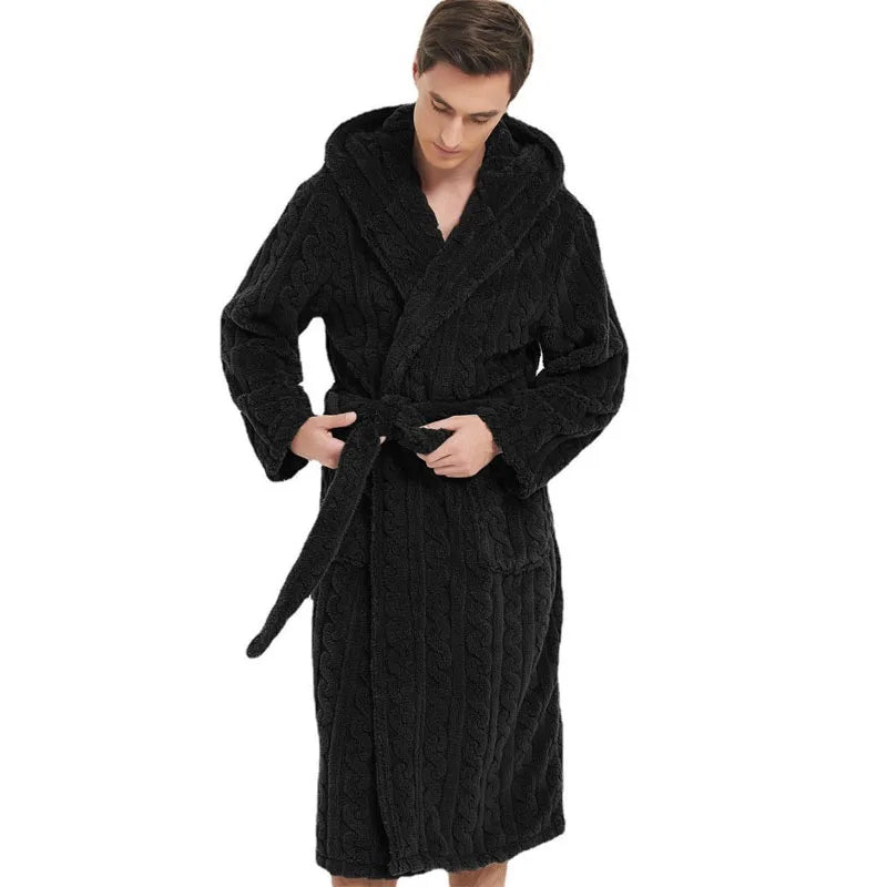 Men’s Fall & Winter Warm Hooded Robe – Thickened Cotton Velvet Jacquard Homewear for Couples