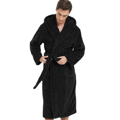 Men’s Fall & Winter Warm Hooded Robe – Thickened Cotton Velvet Jacquard Homewear for Couples