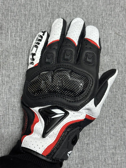 Motorcycle Gloves – Black Racing Genuine Leather, White Road Riding Team Gloves for Men, Summer & Winter with Touch Screen Compatibility
