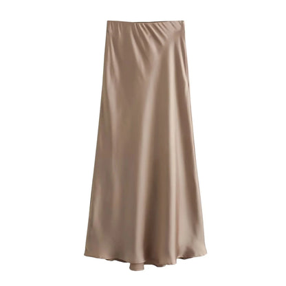 TRAFZA 2024 Y2K Women’s Long Skirt – Elastic High-Waist A-Line Satin Skirt for Spring Casual & High Street Fashion